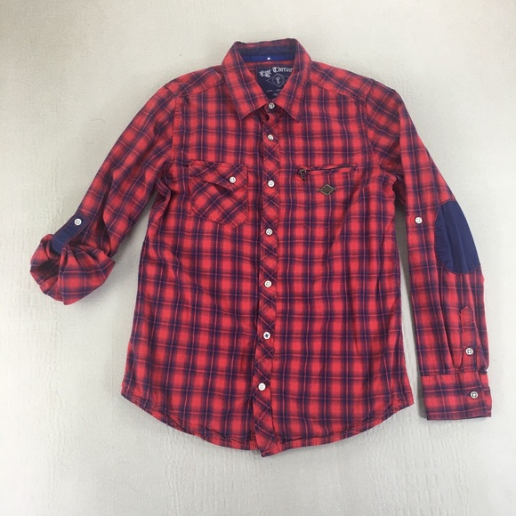 Epic Threads Shirt Junions Size Large Elbow Patches Red Plaid Button Up Outdoor - Picture 4 of 16